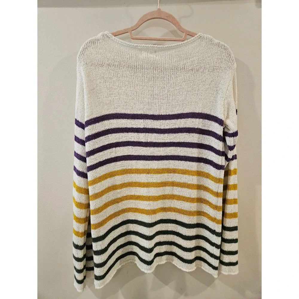 BiBi Womens Mardi Gras Striped Knit Sweater Purple Gold Green Lightweight Size L